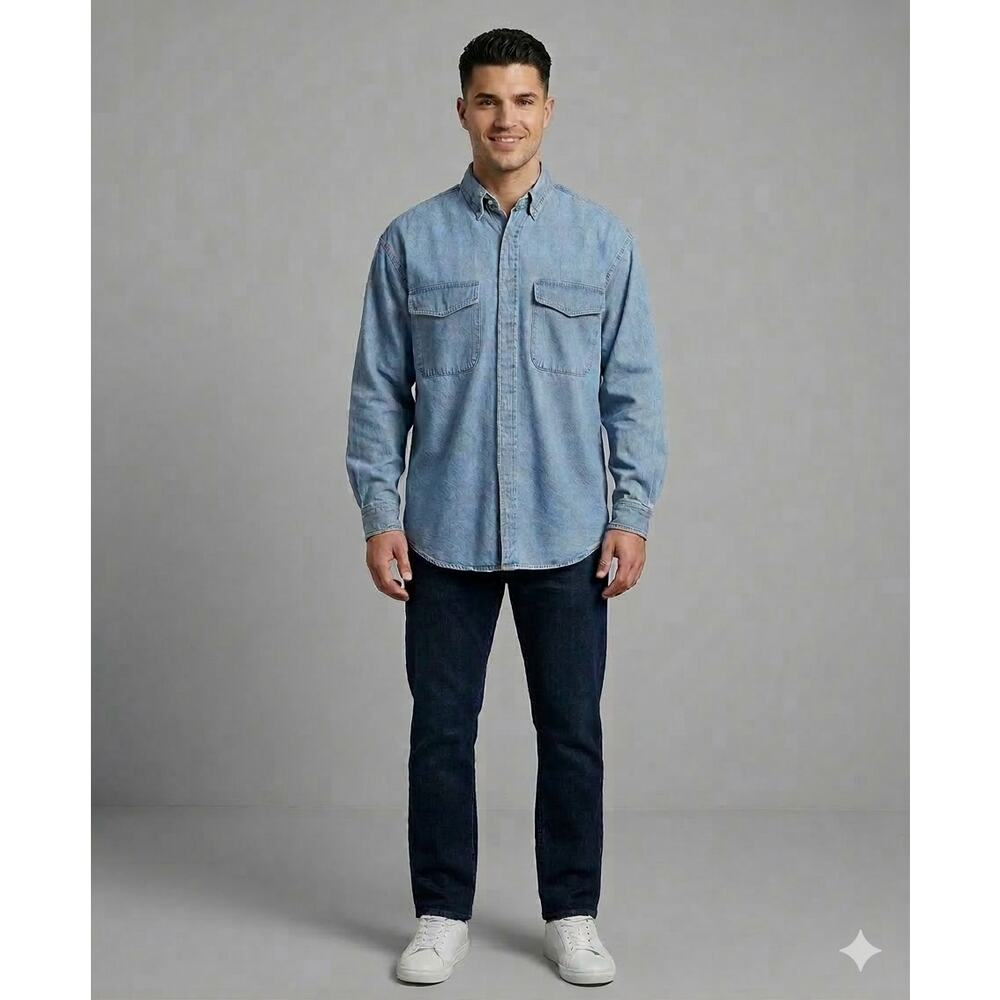 Men's Vintage 90s Tommy Hilfiger Crest Logo Denim Button Up Shirt Size Medium